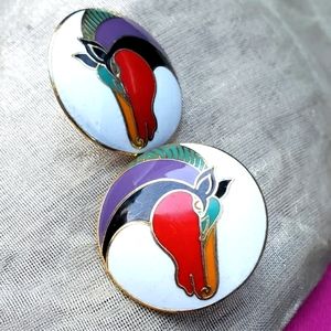 LAUREL BURCH RARE KUNDUS UNIQUE HORSE EARRINGS GOLD TONE ROUND MULTI COLORED
